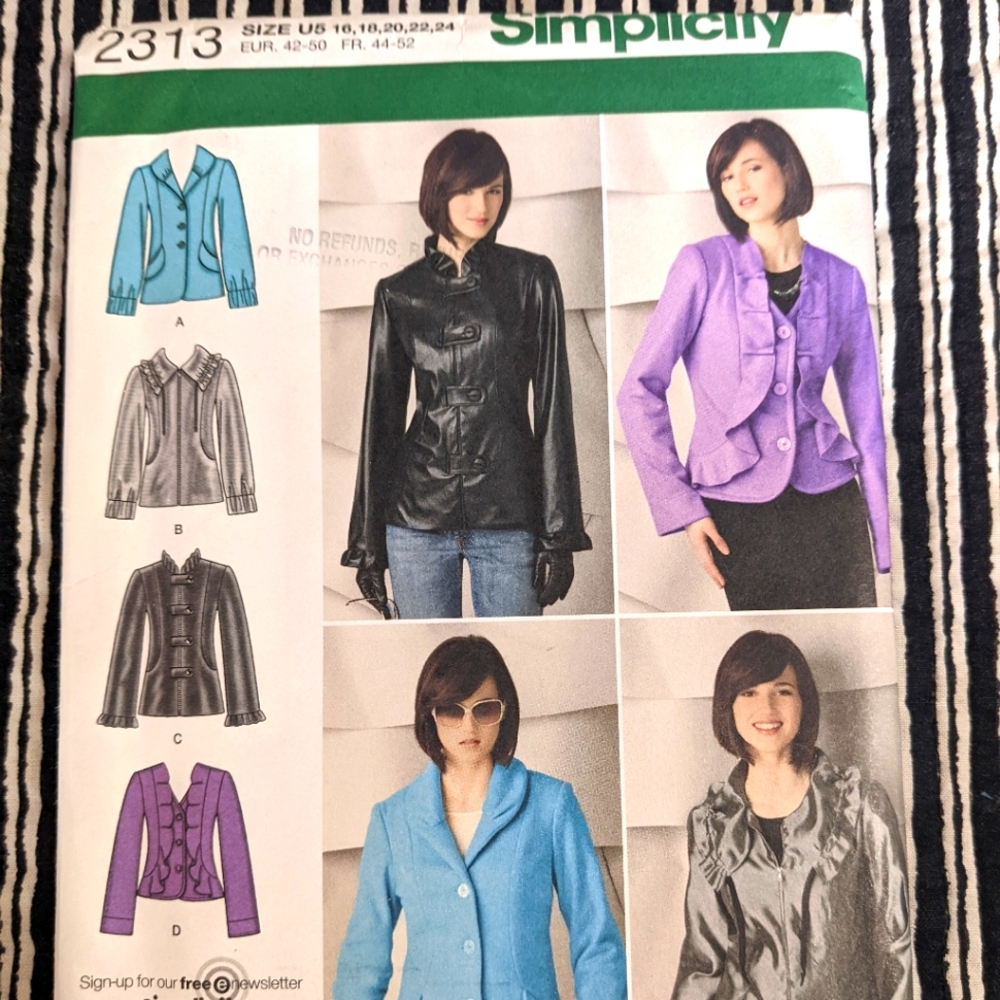 Simplicity 2313 size U5 16,18,20,22,24 jackets pattern ONLY
